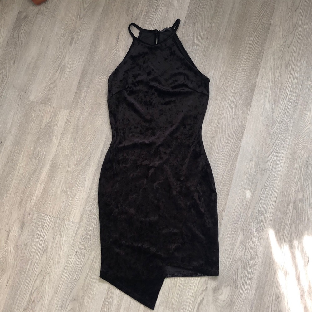 Black asymmetrical crushed velvet dress